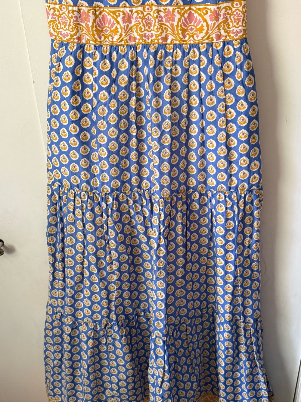 Point Sur (J. Crew) block print tiered maxi dress blue white yellow womens 4 - Picture 9 of 15